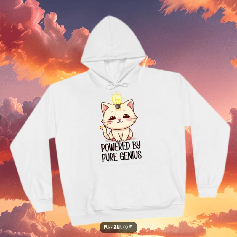 Funny hoodie showcasing a cat character with a luminous lightbulb above its head, symbolizing genius and cozy comfort.
