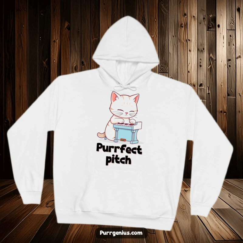 Funny cat intensely playing a miniature piano, featured on a warm and humorous hoodie, great for music and pet enthusiasts.
