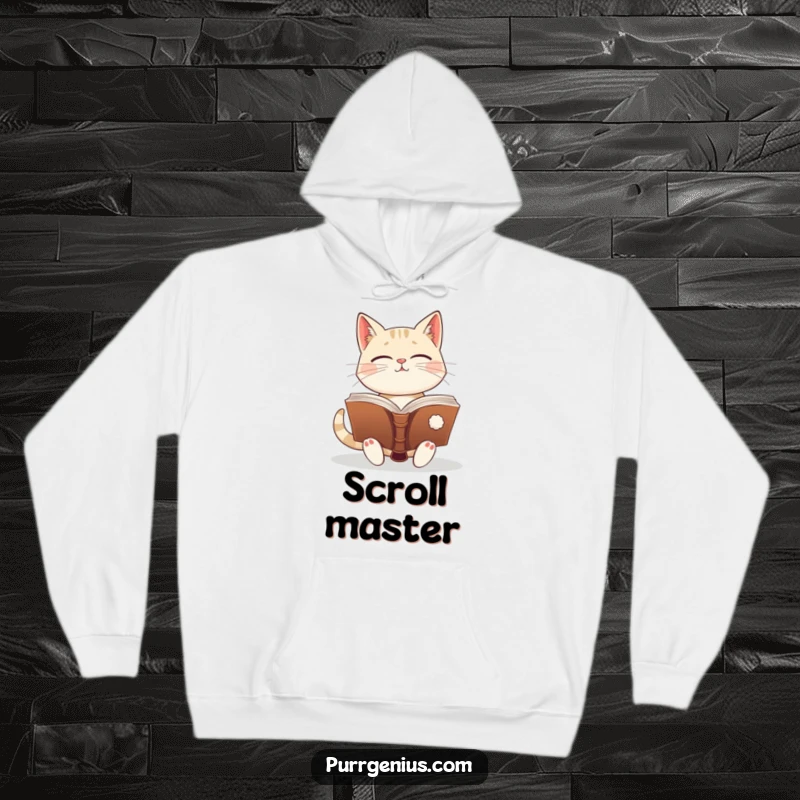 Funny enlightened cat holding an ancient book, looking wise and cozy. This hoodie is ideal for relaxed study sessions.