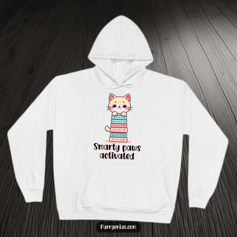 Funny hoodie featuring a cute kawaii cat balancing a precarious stack of complex math equations, looking stressed but cute.