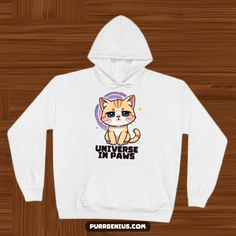 Funny cat with a furrowed brow looking at a vast, swirling galaxy. This hoodie is ideal for cozy contemplation.