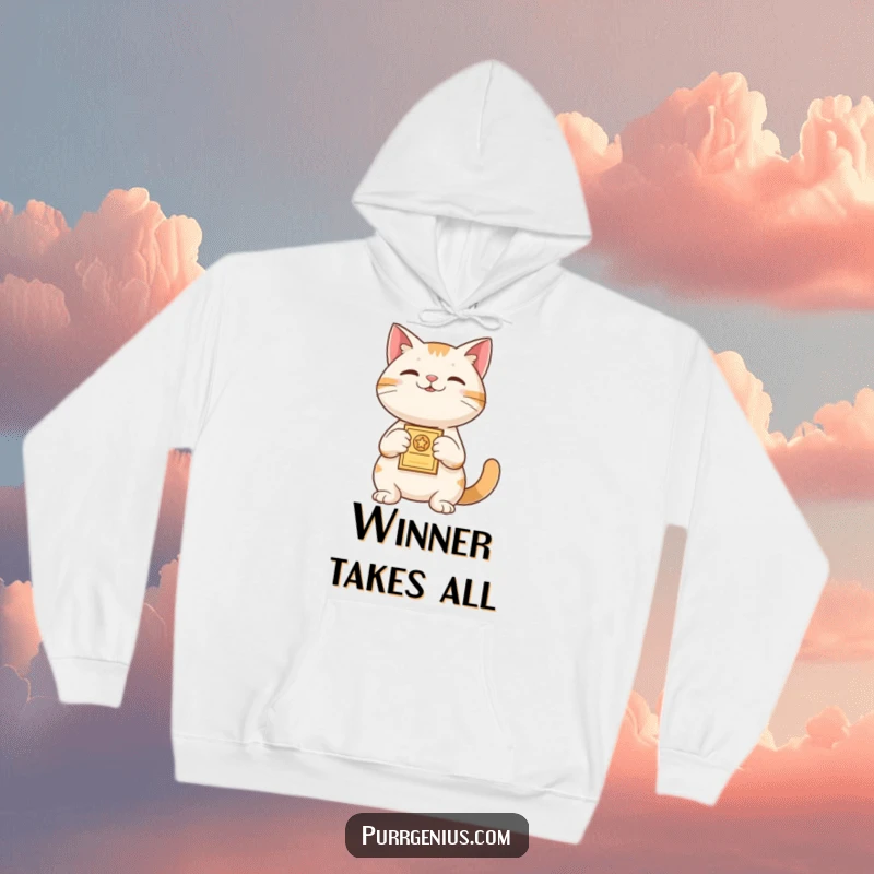 Funny Hoodie: A proud cat holds a small award, looking triumphant and ready to celebrate milestones with cozy humor.