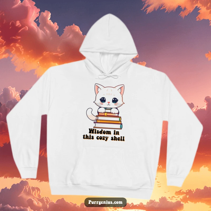 Funny hoodie with a studious cat character buried in advanced books, radiating intelligence and cozy vibes.