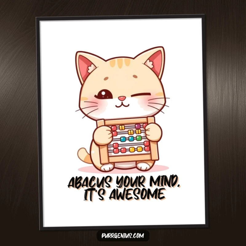 Funny Free Printable Wall Art: A cat with a sly wink holds a tiny abacus, suggesting cleverness and a playful approach to numbers.