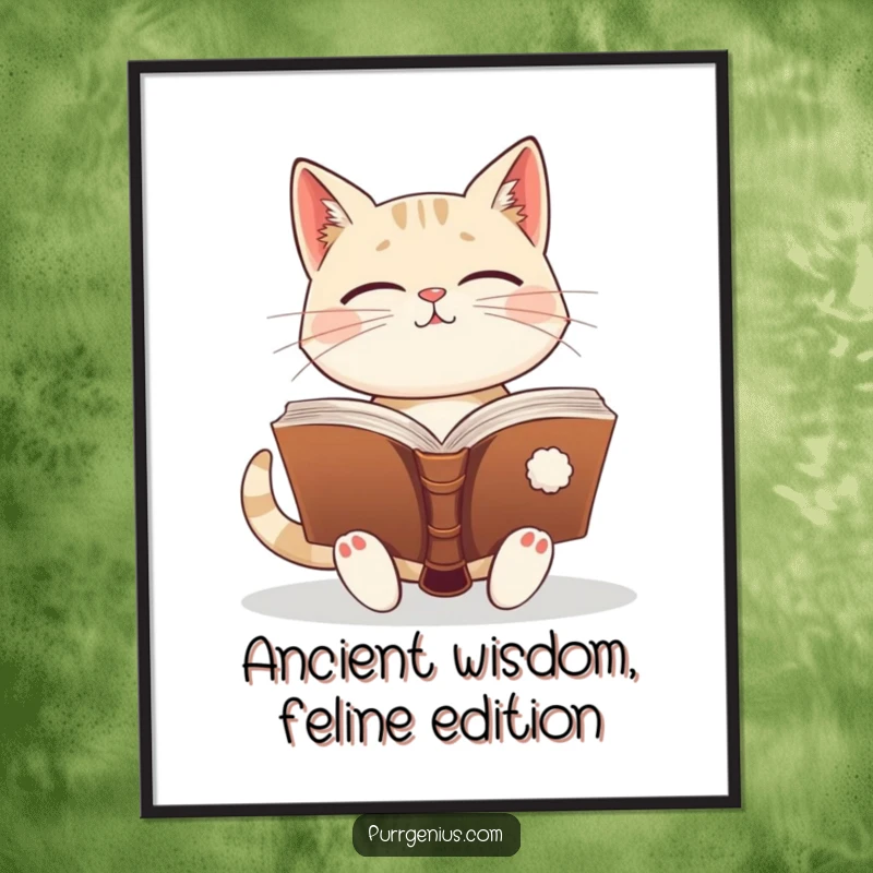 Funny Free Printable Wall Art: An enlightened cat sits with a giant, ancient book, radiating wisdom.