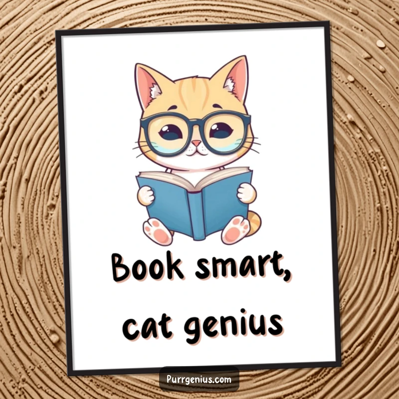 Funny Free Printable Wall Art: A cat wearing oversized spectacles reads a book, bringing intellectual humor to your space.
