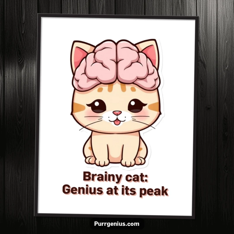 Funny Free Printable Wall Art: Cat with a comically oversized brain symbol radiating intelligence.
