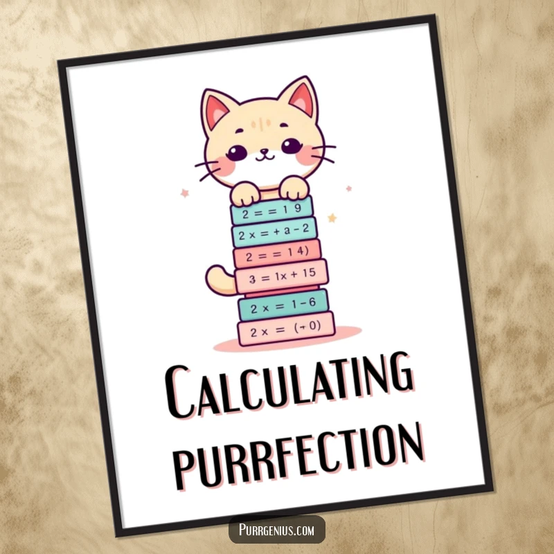 Funny free printable wall art: A cute Kawaii cat balances a towering stack of complex math equations, looking adorable. Intellectual downloadable art!