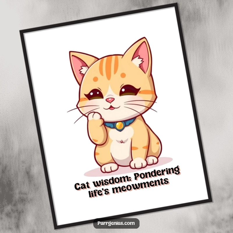 Funny Free Printable Wall Art: Wise cat sits calmly, stroking a whisker in deep, contemplative thought.