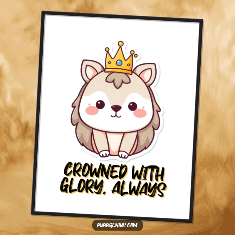 Funny Free Printable Wall Art: A charming animal character proudly wears a small, sparkly crown with a distinguished and happy look.