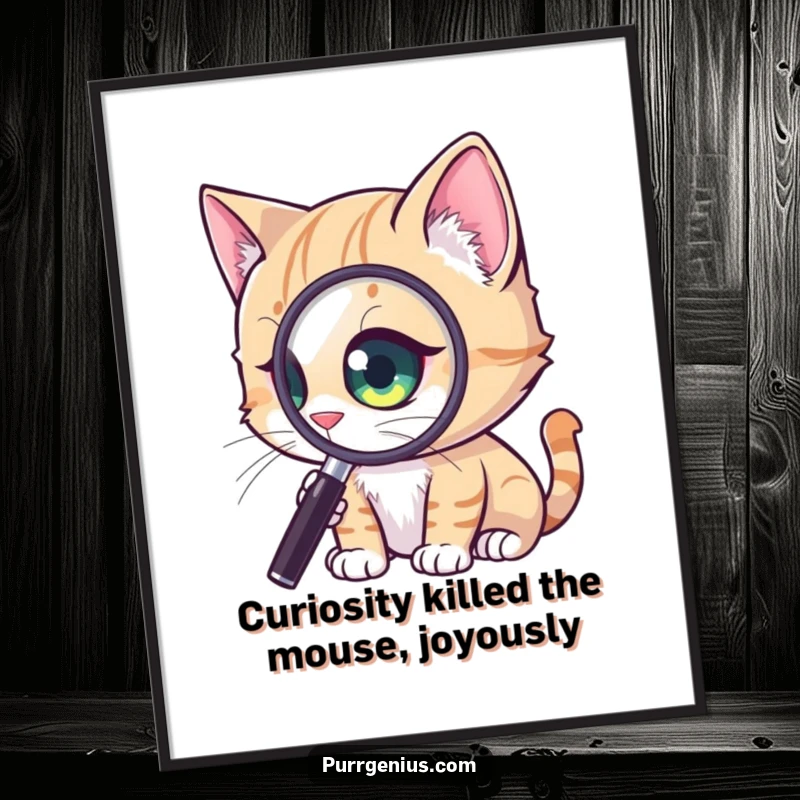 Funny Free Printable Wall Art: A curious cat stares intensely through a giant magnified eye at a minuscule, fascinating detail.