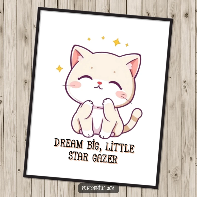 Funny Free Printable Wall Art of a thoughtful Kawaii cat gazing at a beautiful, detailed starry constellation, inspiring wonder.