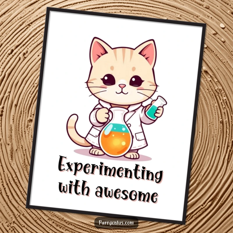 Funny Free Printable Wall Art of a Kawaii cat in a lab coat expertly stirring a colorful beaker, bringing laboratory charm home.