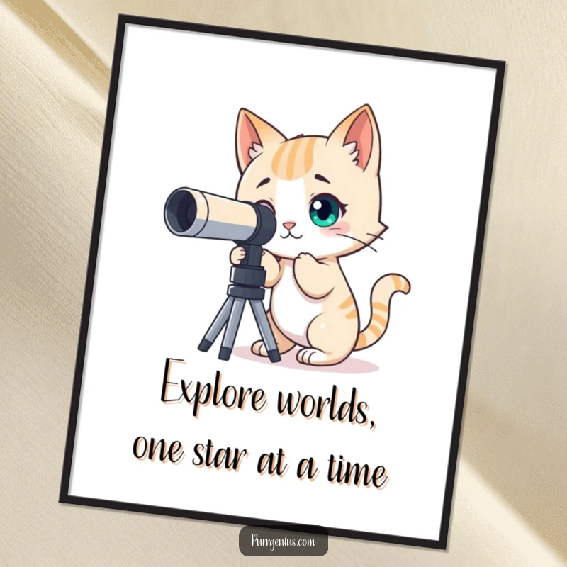 Funny Free Printable Wall Art: A curious cat peers intently through a telescope at the night sky, bringing humor and wonder to decor.