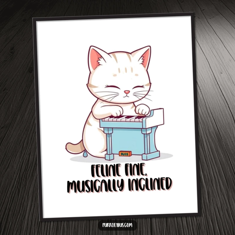 Funny free printable wall art: A highly concentrated cat plays a tiny piano with impressive musical skill and focus.