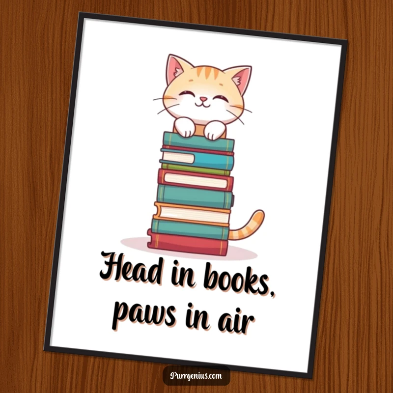 Funny Free Printable Wall Art: A cat with perfect balance holds a tall stack of books upon its head.