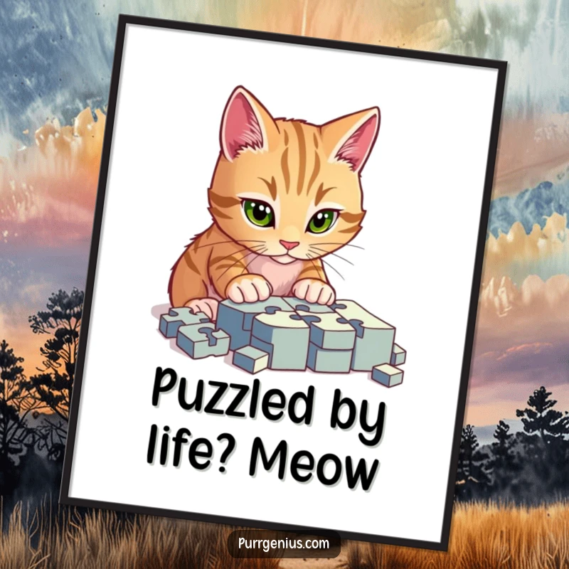 Funny Free Printable Wall Art: Cat intensely focused on a complex jigsaw puzzle, creating a humorous scene.