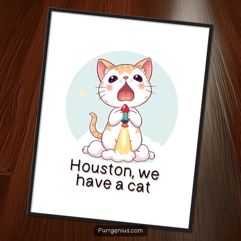 Funny Free Printable Wall Art: Cat with wide eyes looking surprised as a tiny rocket blasts off, creating a dynamic scene.