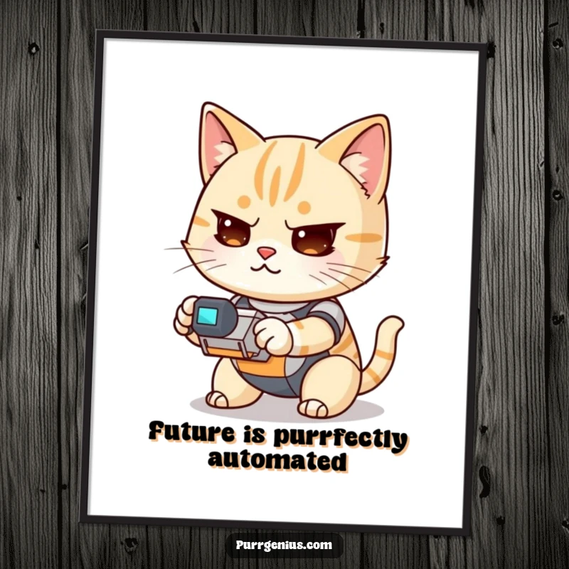 Funny Free Printable Wall Art of a determined Kawaii cat operating a small robot, bringing retro-futuristic charm to any room.
