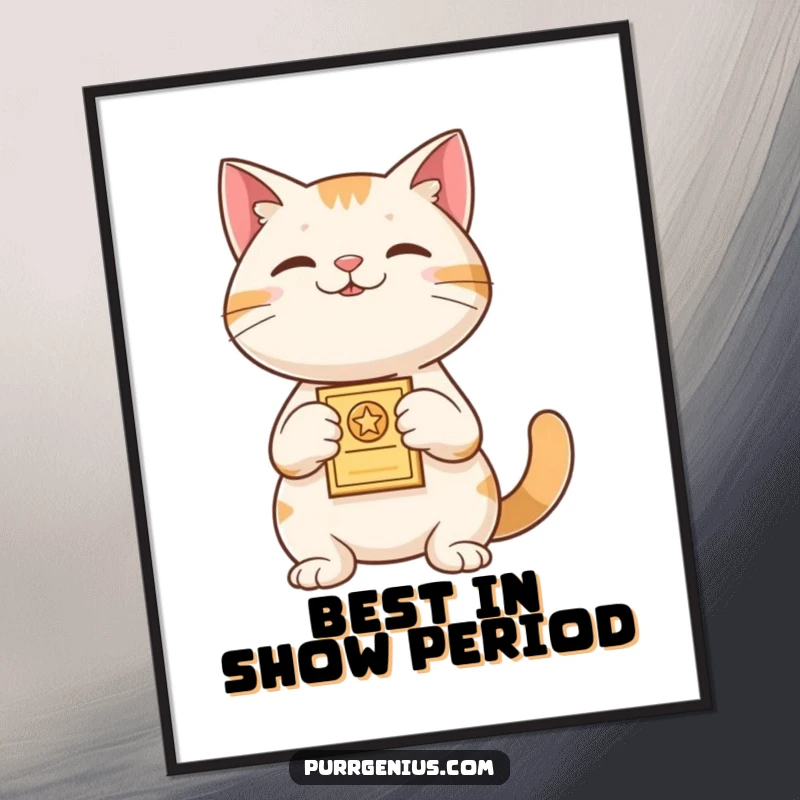 Funny Free Printable Wall Art: A proud cat stands tall, presenting a small award, celebrating success and recognizing greatness.