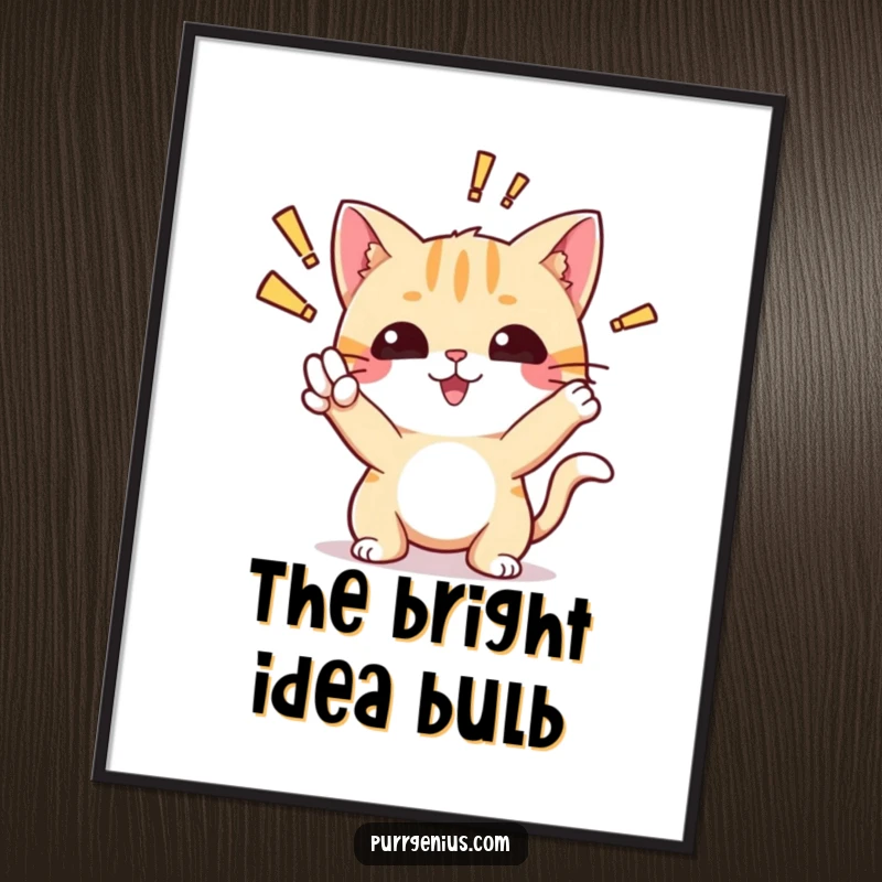 Funny free printable wall art featuring a cute cat character striking an 'aha!' pose, symbolizing a moment of brilliant discovery.