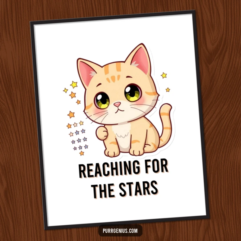Funny free printable wall art featuring a cute cat character with big, curious eyes, intently studying a detailed star chart.