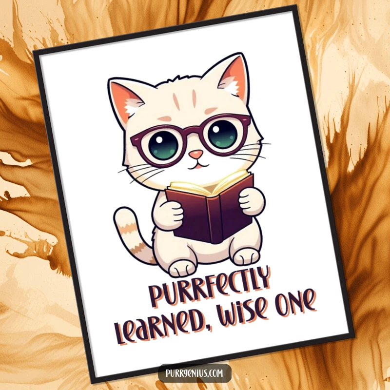 Funny Free Printable Wall Art: A studious cat wearing spectacles reads a glowing book, adding intellectual humor to any room.