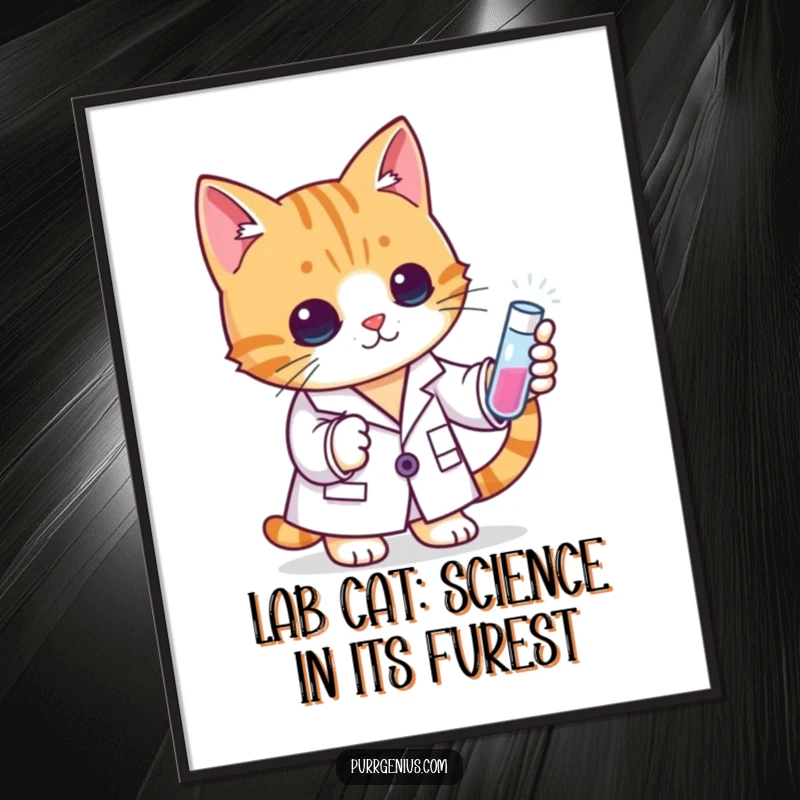 Funny Free Printable Wall Art: Curious cat scientist in lab coat examines a glowing test tube with wide eyes.