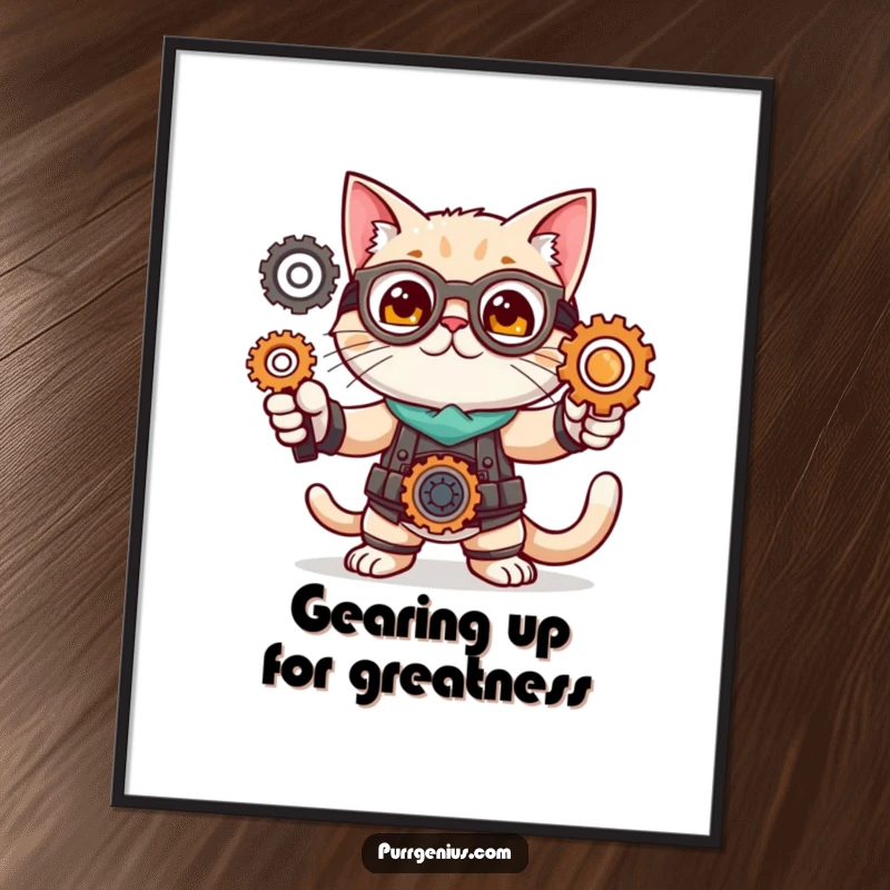 Funny Free Printable Wall Art: A cat inventor striking a pose amidst gears, showcasing brilliant mechanical genius.