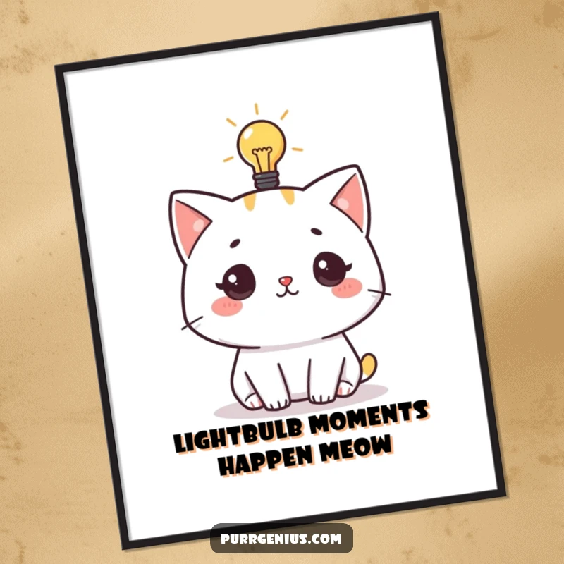 Funny Free Printable Wall Art: A thoughtful cat with a glowing lightbulb above its head inspires bright ideas and quirky decor.