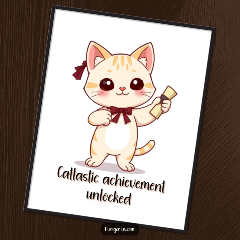 Funny Free Printable Wall Art of a cute cat character striking a confident pose, proudly holding a diploma, ready to conquer the world.