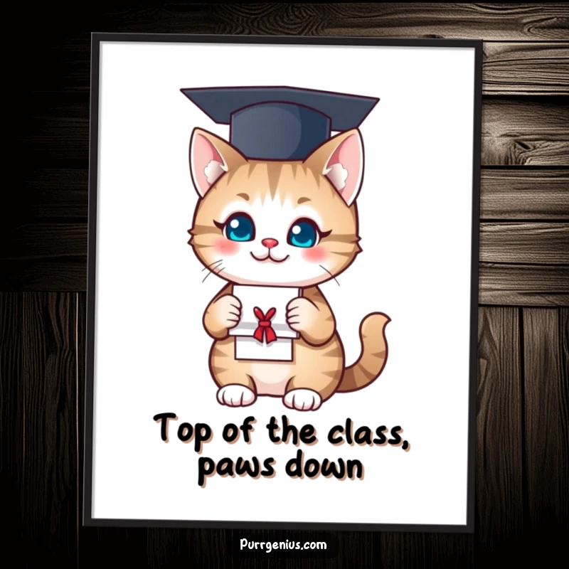 Funny free printable wall art: a cute cat in a graduation cap holding a diploma, looking smart and accomplished.