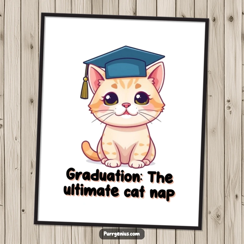 Funny Free Printable Wall Art of a cat wearing a tiny graduation cap, looking wise and accomplished.