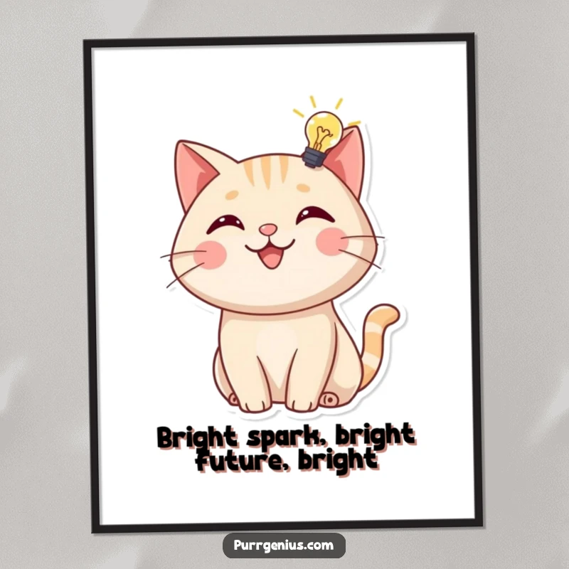 Funny Free Printable Wall Art: A cat looks inspired, with a lit lightbulb floating above its head, symbolizing innovation and bright thoughts.