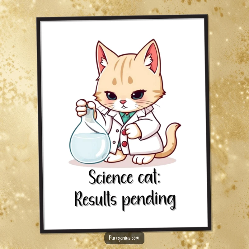 Funny free printable wall art: a cat wearing a lab coat, curiously examining a beaker with intense focus.