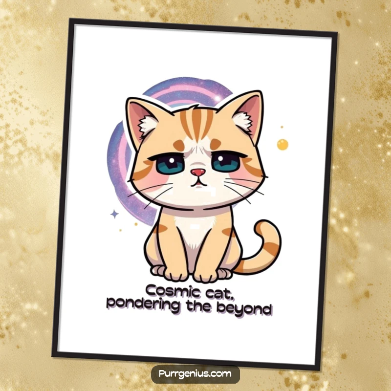Funny Free Printable Wall Art: A pensive cat contemplates a vast, swirling galaxy, inspiring wonder.