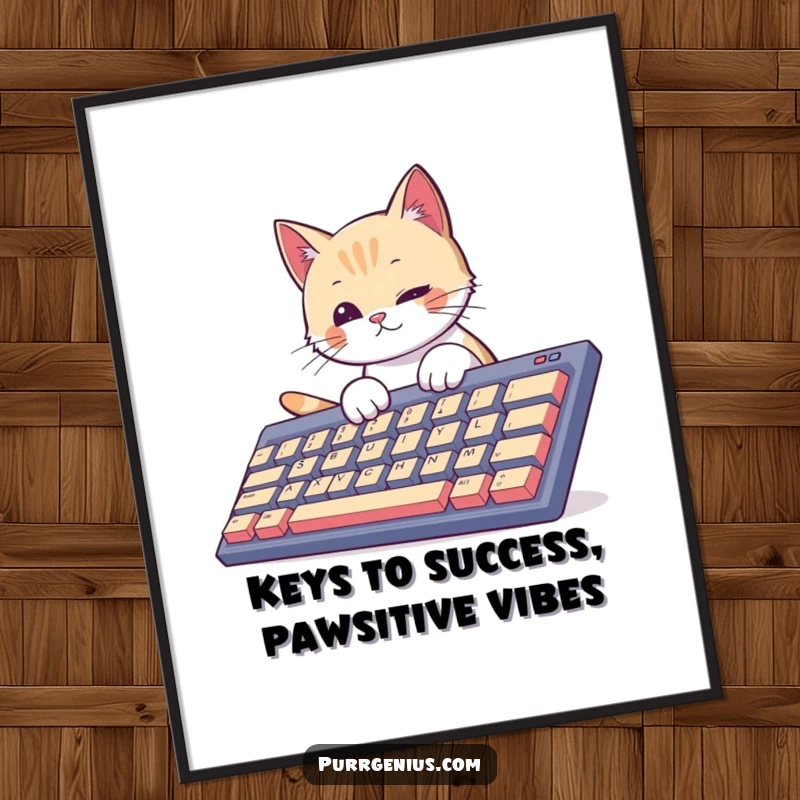 Funny Free Printable Wall Art: A curious cat taps away on a giant keyboard, hinting at digital adventures.
