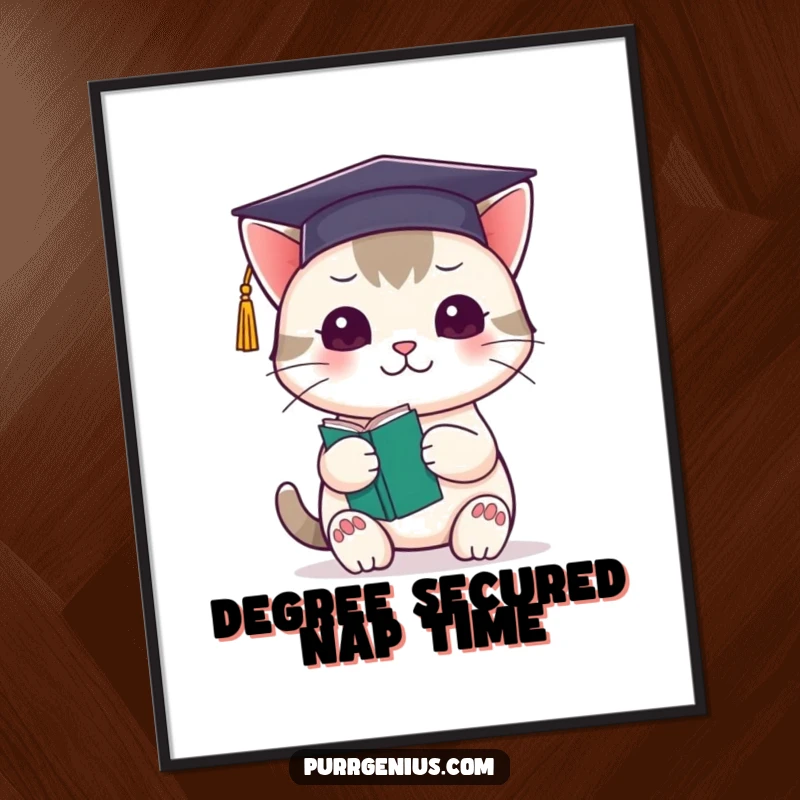 Funny Free Printable Wall Art: A cute Kawaii cat wearing a graduation cap and holding a tiny book, bringing academic humor.