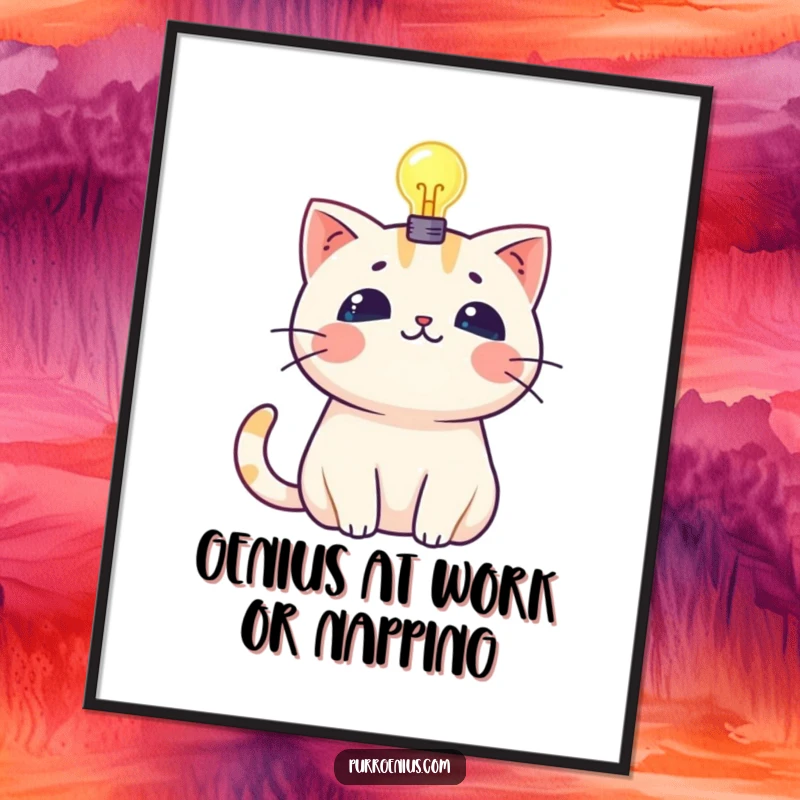 Funny Free Printable Wall Art: A Kawaii cat has a glowing lightbulb above its head, representing brilliant ideas and humor.
