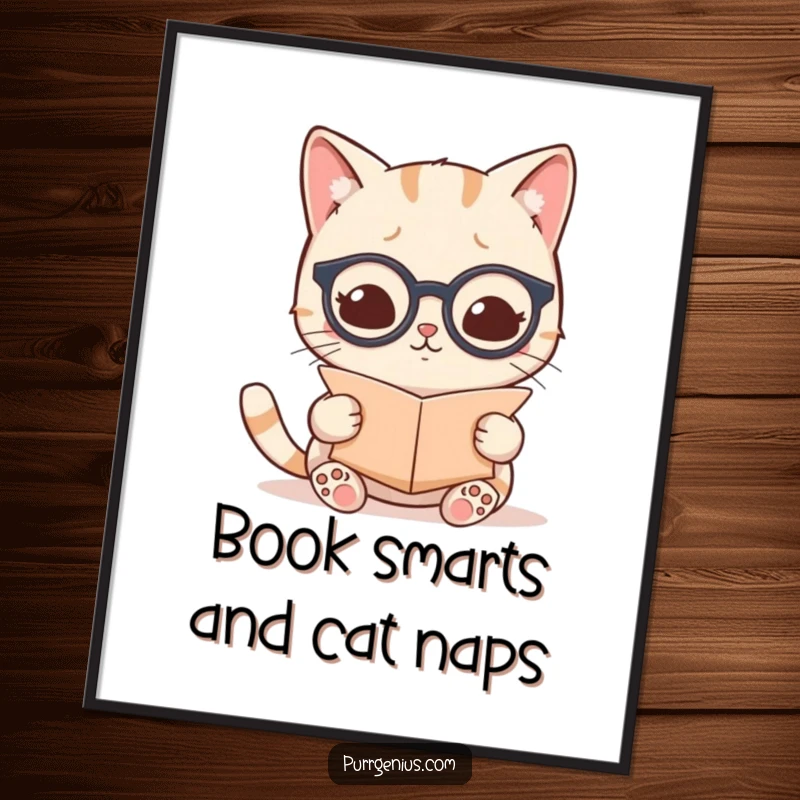 Funny Free Printable Wall Art: A cute Kawaii cat wears spectacles and reads a scroll, bringing scholarly humor to decor.