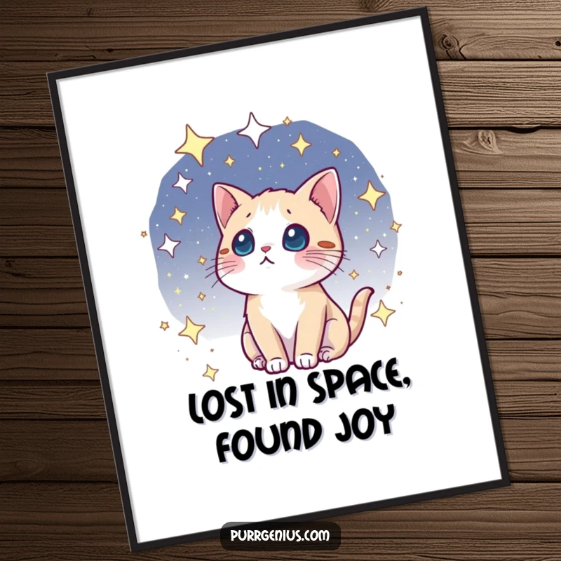 Funny free printable wall art of a kawaii cat looking up with wonder at a vast, starry cosmos, ideal for inspiring decor.