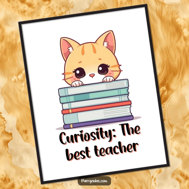 Funny Free Printable Wall Art: Curious cat peeking from behind a stack of giant books, a literary treat.