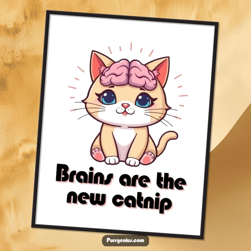 Funny Free Printable wall art featuring a cat whose brain emits glowing rays of intelligence and profound thought.