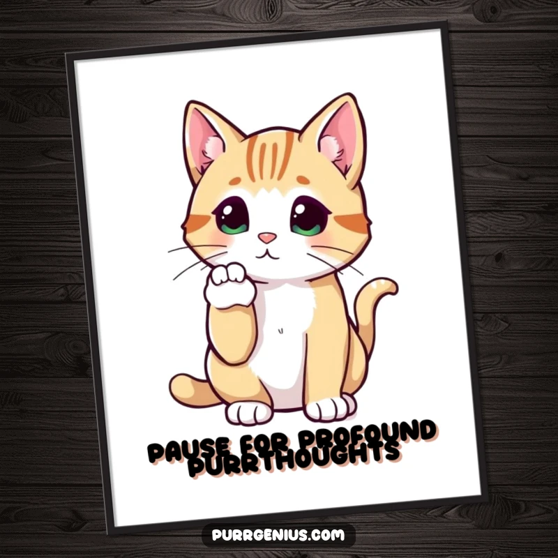 Funny Free Printable wall art depicting a cat in a thoughtful pose, paw raised as if pondering life's mysteries.