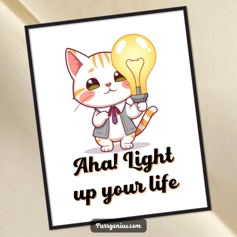 Funny Free Printable Wall Art: Scholarly cat proudly presents a giant glowing lightbulb, radiating intelligence.