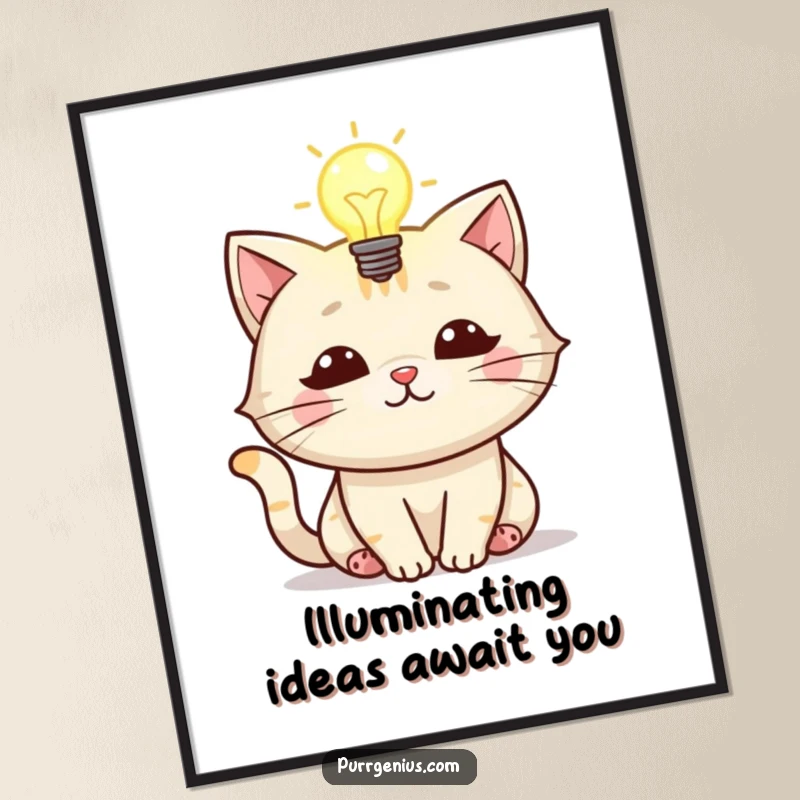 Funny Free Printable Wall Art: Cat character with a glowing lightbulb above its head, symbolizing innovation and humor.