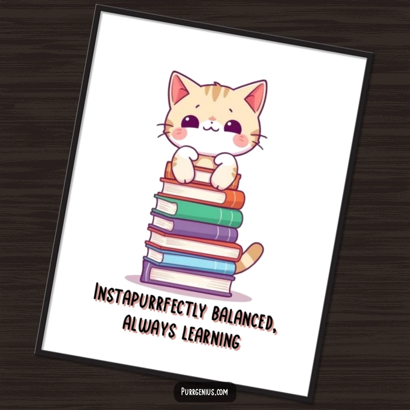 Funny Free Printable Wall Art: A studious cat balances a precarious tower of books on its head with ease.