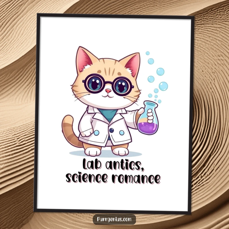 Funny Free Printable Wall Art: A cat scientist in a lab coat holds a beaker emitting colorful bubbles.