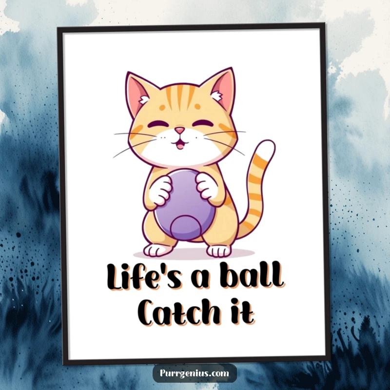 Funny Free Printable Wall Art: A clever cat balances a ball on its nose, showcasing a surprising trick, humorous decor.