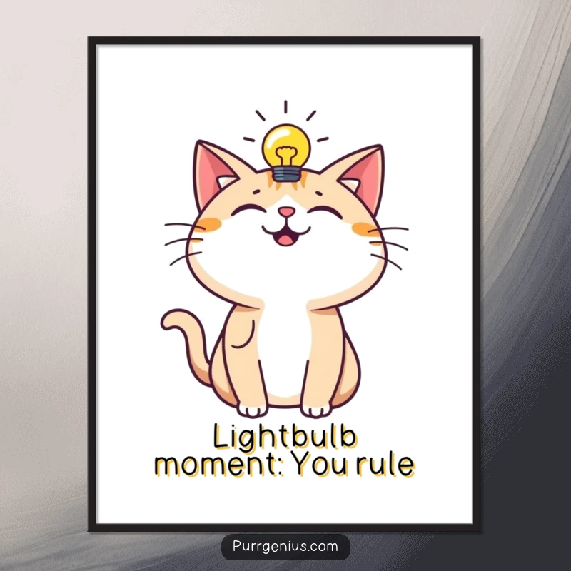 Funny free printable wall art: a happy cat with a glowing lightbulb above its head, symbolizing bright ideas.